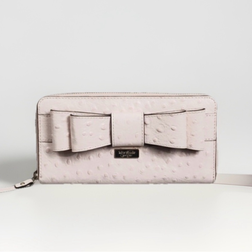 Kate Spade blush pink ostrich leather Large Bow zip round wallet